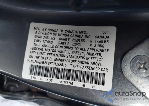 2012 Honda Civic Ex-L z USA, uszkodzony, nr VIN 2HGFB2F9XCH322815